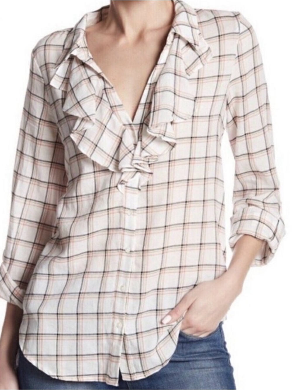 #530 JOIE White w Pink & Black Plaid Ruffle-Front Button Down Shirt
